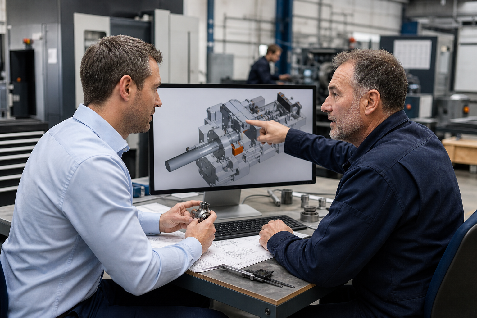 Entwicklungsingenieur und Servicetechniker besprechen eine CAD-Ansicht einer Maschine