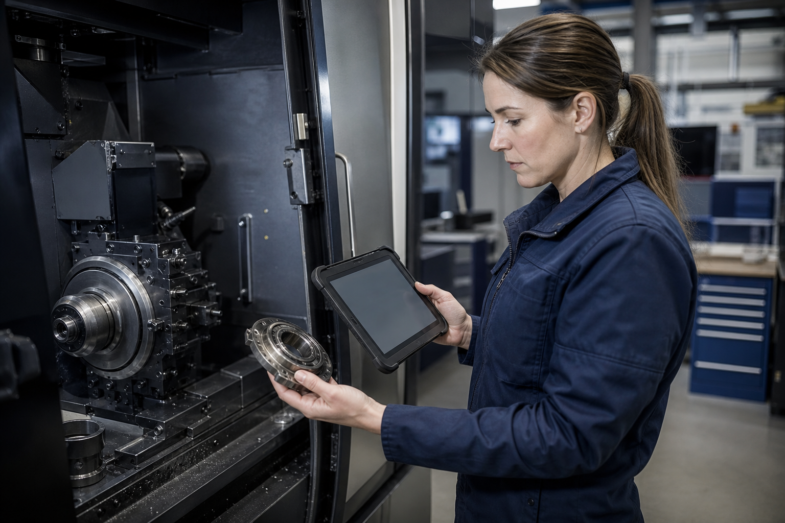 Technikerin arbeitet mit dem bestehenden Wissenssystem auf einem Tablet